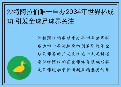 沙特阿拉伯唯一申办2034年世界杯成功 引发全球足球界关注 沙特阿拉伯唯一申办2034年世界杯成功 引发全球足球界关注