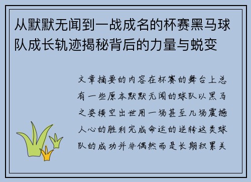 从默默无闻到一战成名的杯赛黑马球队成长轨迹揭秘背后的力量与蜕变